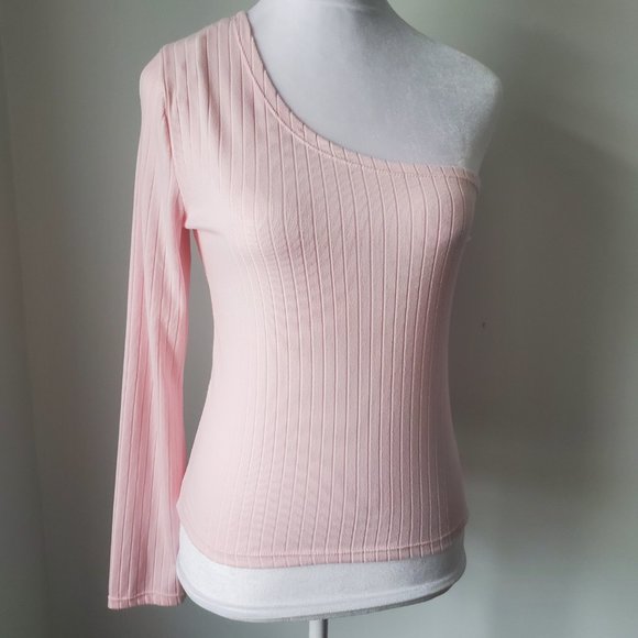 NWT * One Shoulder Long Sleeve Pink Ribbed Cropped Top Coquette Fairy - Picture 3 of 8